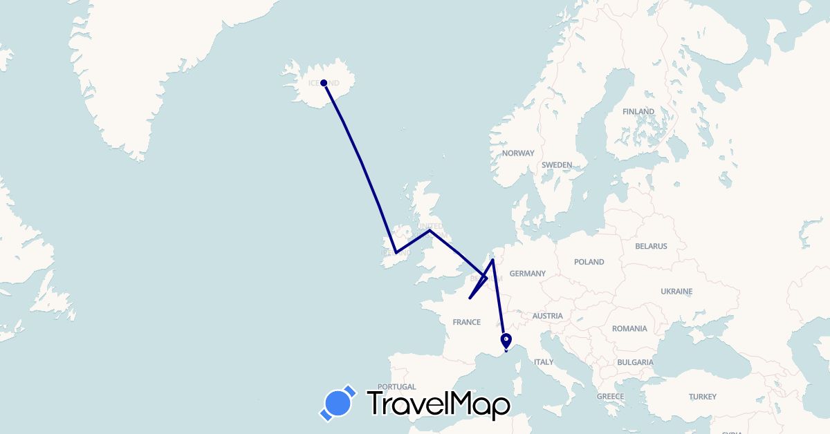 TravelMap itinerary: driving in Belgium, France, United Kingdom, Ireland, Iceland, Monaco, Netherlands (Europe)